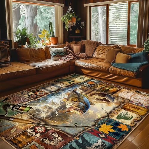 Tapete rústico para sala 5x7 ft con diseño de pesca miniatura 2