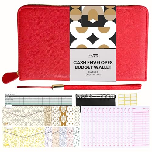 Image of Three Way Cut Cash Envelope Wallet Red All in One Budget System RFID Blocking with 12x Tabbed Envelopes 12x Monthly Budget Cards 1x Yearly Budget Planner Sheet Complete Money Organizer Set