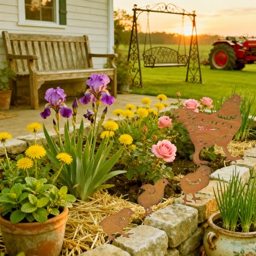 Ulawellor Hühner Gartenstecker 4er Gartendeko Roststecker Ostern Rost Deko Wetterfest Metall Huhn Deko Bauernhof Frühling Gartenschmuck für Garten Terrasse Balkon Blumentopf
