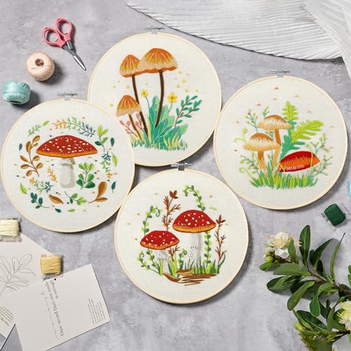 Image of Bonroy 4 Sets Embroidery Kit for Beginners with Instructions,Cross Stitch Kits for Adults with Pattern,Needlepoint Kits for Adult Include Embroidery Cloth Hoops Needles Threads(Mushroom)