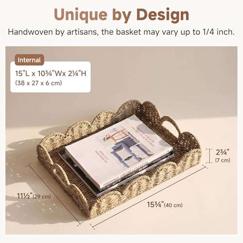 StorageWorks Rectangle Wicker Scalloped Tray, Rattan Serving Trays with Handles, Seagrass Basket for Decorative & Organizing, 15.75" L x 11.5" W x 2.75" H by StorageWorks - Used condition - Image 4