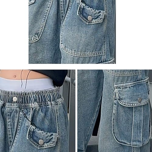 Blue Cargo Jeans for Girls Elastic Waist Baggy Wide Leg Jeans with Pockets Kids Autumn Winter Denim Preppy4