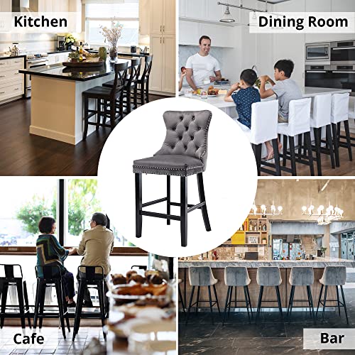 I-Pook Counter Height Bar Stools Set Of 2, Velvet Upholstered Barstools With Button Tufted, Nailheads Trim And Solid Wood Legs, Full Back Bar Chairs For Kitchen Island Dining Room Pub Cafe, Gray #TOP5