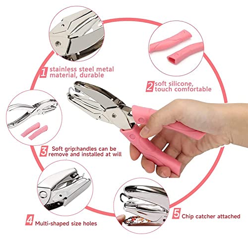 WAIZHIUA 5 Stück Lochzange Papier, Lochdurchmesser 1,5-6mm Stanztiefe 36mm Locher-Handstanze mit rosa Griff Metall Einzellochstanze (5 Muster)