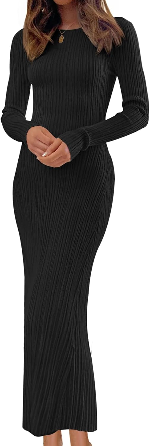 MEROKEETY Women's 2025 Long Sleeve Bodycon Sweater Dress Fall Crew Neck Ribbed Knit Maxi Dresses