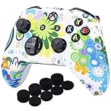 YoRHa Printing Rubber Silicone Cover Skin Case for Xbox One S/X Controller x 1(Circle) with PRO Thumb Grips x 8