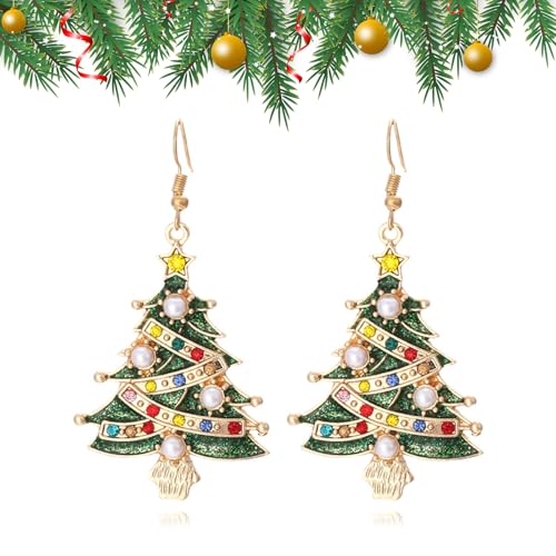 Green & Gold Christmas Tree Dangle Earrings for Women - Party Flashing Xmas Earrings