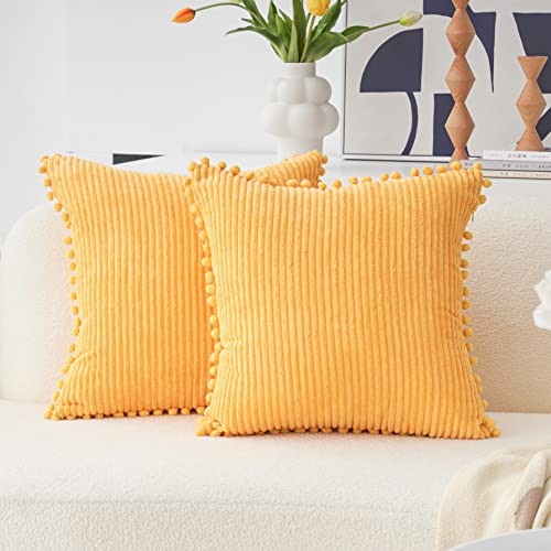 Home Brilliant Yellow Cushion Covers Soft Striped Corduroy Large Cushion Covers 60cm x 60cm with Pom-poms for Sofa Couch Bedroom Living Summer 24 Inch