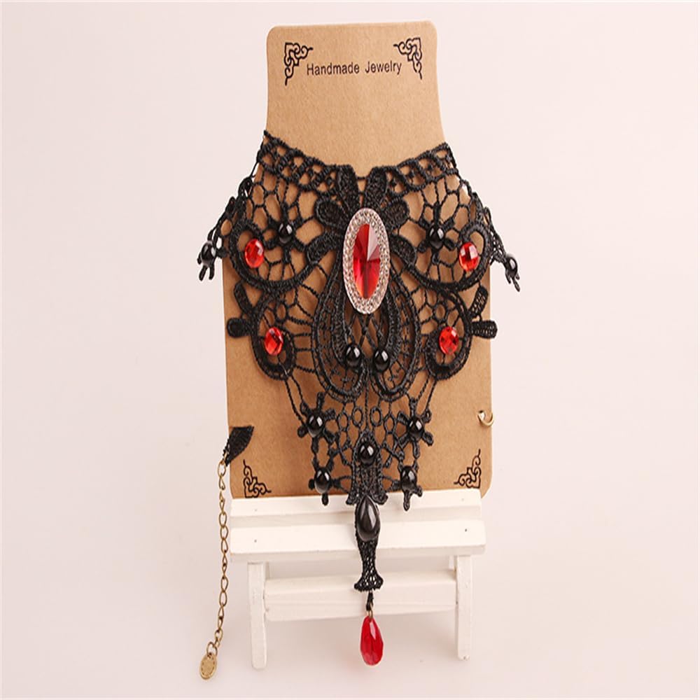 Vintage Black Lace Choker Necklace Gothic Red Crystal Pendant Necklaces Statement Adjustable for Halloween Prom Accessories Jewelry - Image 5
