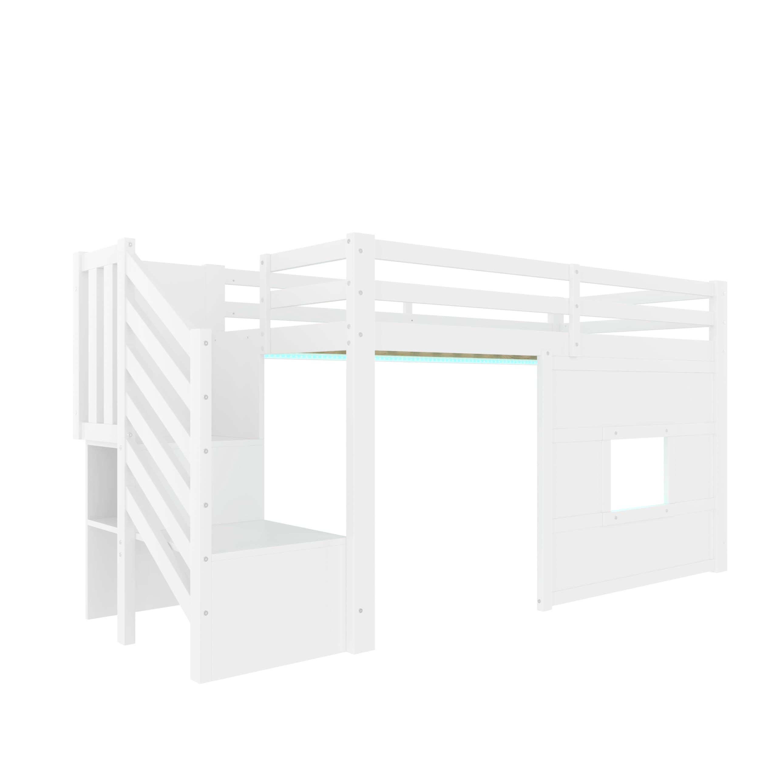 Sapgaks Lit Mezzanine Enfant 90x200 avec éclairage LED,lit mi Hauteur avec escalier de Rangement et fenêtre,Cadre de lit Enfant 90x200 (J-Blanc 90)