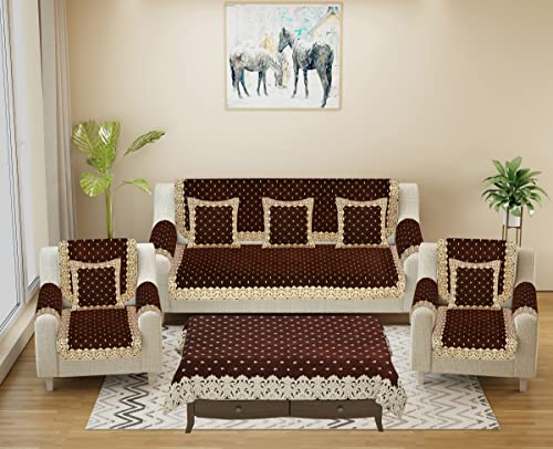 Image of Premium 5 Seater Printed Sofa Cover Set with Arm Covers and Cushion + Table Cover, 3,1,1 Seater 16 Pieces Sofa Back Slip Panels, Premium Stylish Slip Cover Protector, Coffee (Pack of 18)