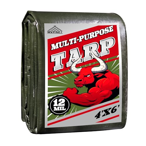 MVPNET 12mil Heavy Duty Waterproof Tarp 4x6FT, Extra Thick Polyethylene Cover in Green/Silver, UV Resistant & Tear Proof with Metal Grommets for All Weather Outdoor Use