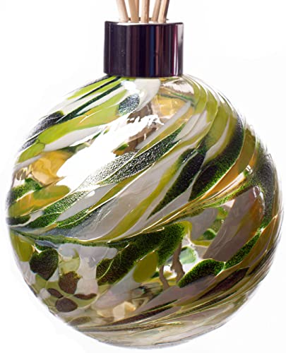 Image of Amelia Art Glass Reed Diffuser Sphere in Green & White, 11.5cm and with reeds height 27cm