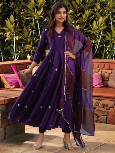 Image of ANNI Designer Women's Rayon Viscose Anarkali Embroidered Kurta with Pant & Dupatta