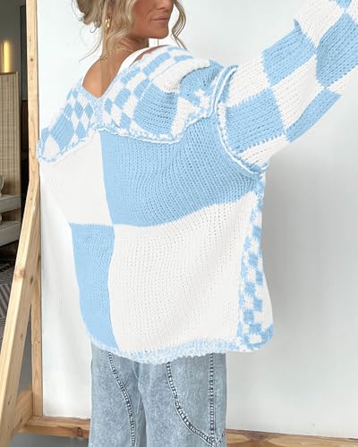 Image of BTFBM Casual Cardigan Sweater for Women Fall 2026 Long Sleeve Open Front Chunky Knit Sweaters Checkered Outwear Coat