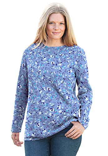 Woman Within Plus Size Long-Sleeve Crewneck Soft Waffle Knit Thermal Shirt - 1X French Blue Dancing Floral