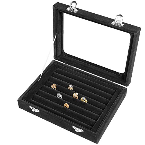 EONGOA Jewelry Box Rings Organizer Tray 7 Slots Velvet Jewelry Earring Storage Box With Transparent Lid Jewelry Display Case for Girls Women (Black)