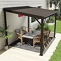 Domi 8'x10' Wall Mounted Hardtop Gazebo, Connectable Lean to Pergola with Gutters & Galvanized Steel Roof, 60MPH Wind Resistance, Outdoor Heavy Duty Metal Awning for Patio, Deck, Backyard - Brown