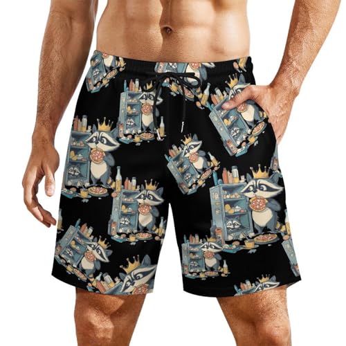 Raccoon and Leftovers Beach Shorts for Men Swim Trunks Quick Dry Swim Shorts with Compression Liner Pocket