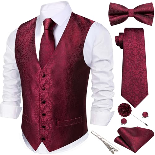 Image of Barry.Wang Men's Suit Vest Tie Bowtie Set Formal Silk Paisley Waistcoat Hanky Cufflinks Lapel Pin Set Wedding Party 7PCS