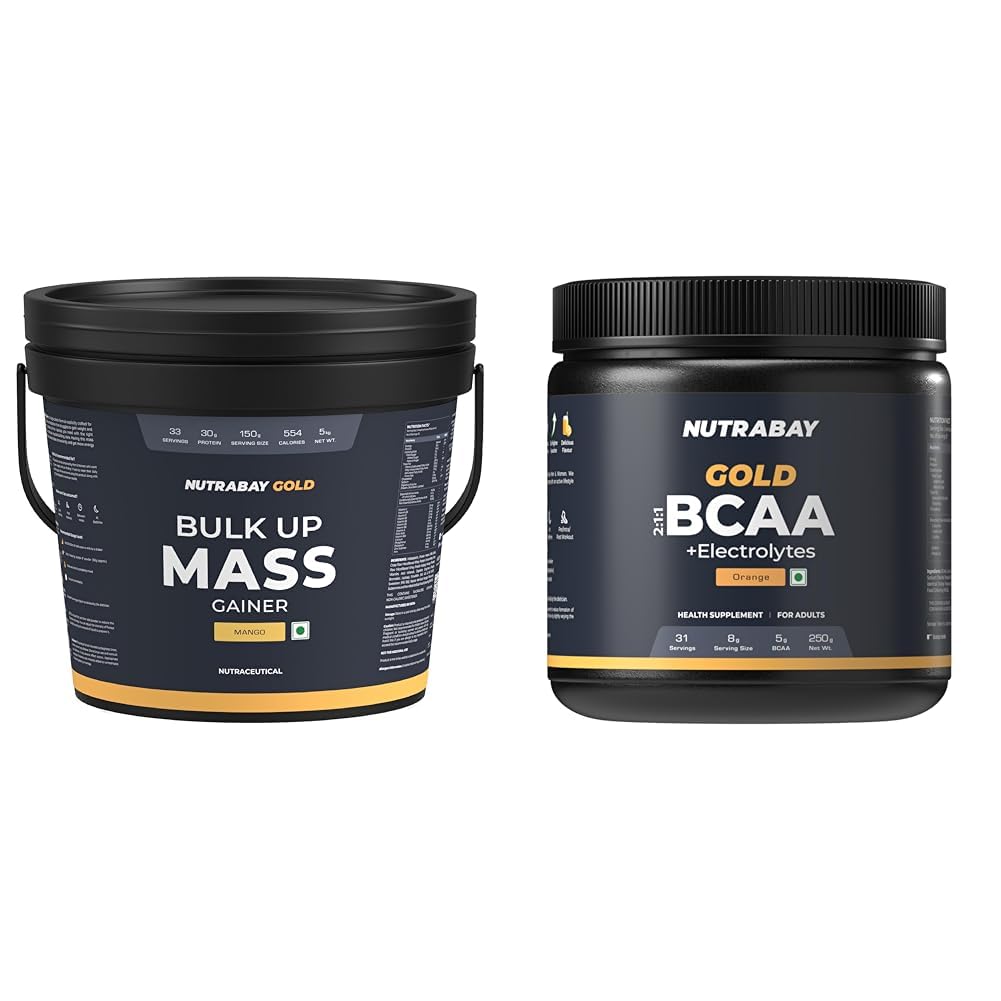 Nutrabay Gold Bulk Up Mass Gainer Powder - 5kg, Mango | 30g Protein, 104g Carbs, 554 Calories | Ea | Nutrabay Gold BCAA 2:1:1 with Electrolytes 5000 mg Vegan BCAAs per Serving – Pre/Post Workout Ener-image-15