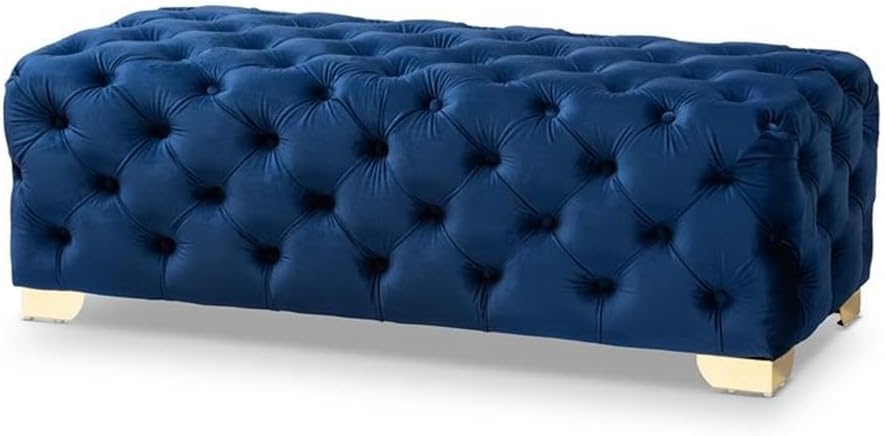 BOWERY HILL Modern Tufted Velvet Ottoman, Blue Upholstery, Gold-Finished Metal Legs, 48" Wide Bench Seat, Glam Luxe Style, Entryway or Bedroom Accent Furniture