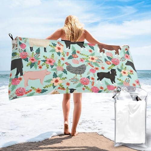 DCEHGEW Farm Animal Printed Quick Dry Bath Towel 140x70 CM, Highly Absorbent Bath Sheet with Bag for Beach, Travel, Hotel and Home