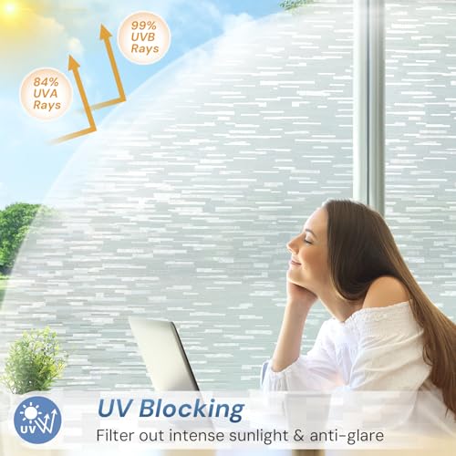 Image of LUTE Window Privacy Film, Frosted Glass Window Film, Linear Frosted | Non-Adhesive Frost Vinyl Glass Door Covering, Static Cling UV Blocking, for Home Office, 17.5 inch x 118.1 inch