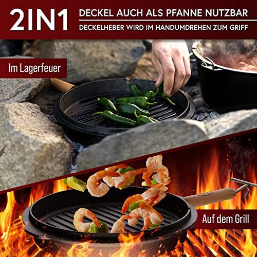 Bild 5 - Dutch Oven Set-Eingebrannter Dutch Oven 9L [6-10 Person]-Feuertopf Gusseisen ohne Füßen-Schmortopf Doppelfunktion-2in1 Deckelheber,Untersetzer,Bürste,DutchOven Rezeptbuch-30 Jahre Garantie