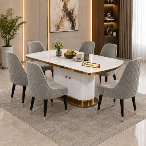 Image of 6-Seater Modern Elite Opal Storage Wooden Dining Table Set | 2 Year Warranty | Created Italian Statuario Marble Top | Elegant Composite Marble Table with 6 Chairs (Light Gray)