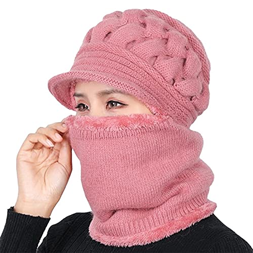 Coral Fleece Winter Hat Beanies Women's/Ladies Hat Scarf Warm Breathable Wool Knitted Hat for Women Double Layers Protection Caps Pink Color-image-12