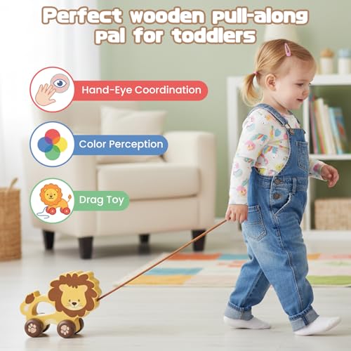 Image of Baby Toys Car,Wooden Pull Along Toddler Toy, Developmental Toy for 1 Year Old Girl Boy Birthday Gift (Lion)