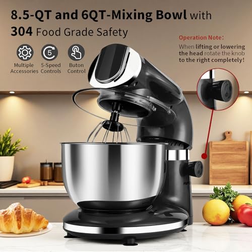 Stand Mixer, 8.5QT+ 6QT Two Stainless Steel Bowls Electric Food Mixer Black - Image 4