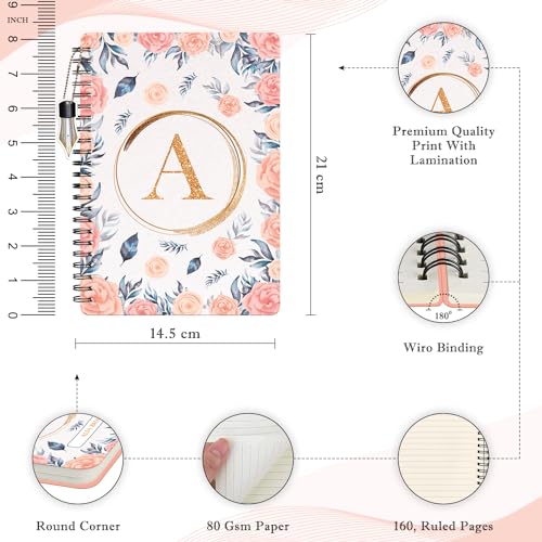 Image of Jhingalala Diaries - A5 Hardbound Floral Design Diary Cover With Initial Letter Wiro Notebook Diary With Dangler I Spiral Notebook With Planner and Calendar 2024 I 160 Undated Ruled Pages (Initial A)