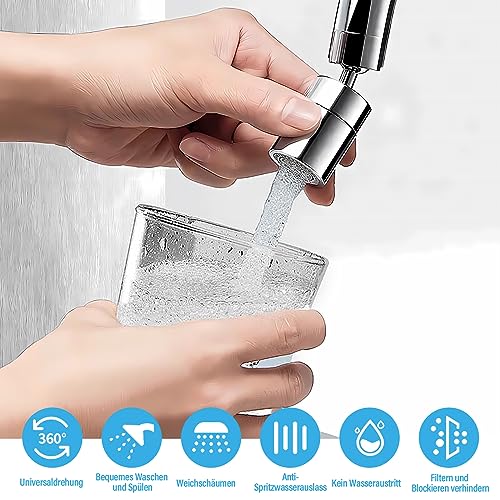 HATANSE Wasserhahn Aufsatz Schwenkbar 360° Drehbarer Wasserhahn Anschluss Verlängerung mit 2 Sprühfunktion, 22mm und 24mm Gewinde Luftsprudler Aufsatz für Küchen Bad