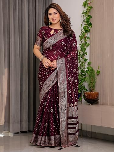 Image of ALMAARI FASHION Fendy Satin Foil Print Floral Saree with Tassels, Traditional Butti Motifs, 5.5m with 0.8m Blouse (FOIL 102 WINE H)