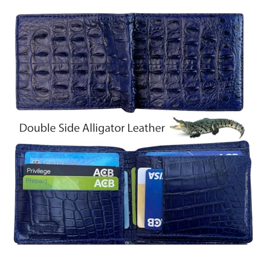 Navy Blue Mens Alligator Hornback Leather Billfold Wallet Crocodile Passcase Bifold Luxury Wallet Multiple RFID Blocking Security Handmade Exotic Leather With Flip-out ID Window Gift Men VINAM-1062