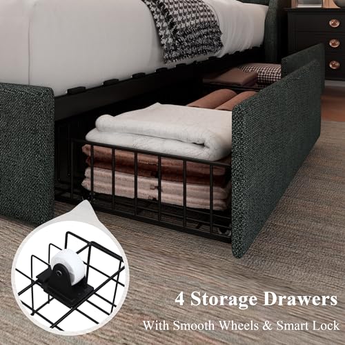 Image of Feonase Queen Bed Frame with 4 Storage Drawers, Upholstered Storage Bed with Charging Station, Tufted Wingback Headboard, No Box Spring Needed, Dark Grey