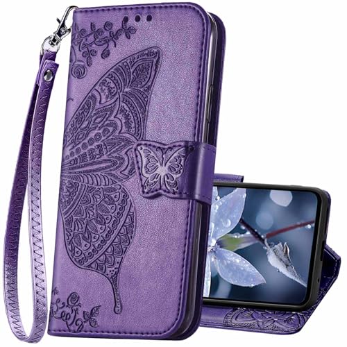 KRHGEIK for Samsung Galaxy S26 5G Phone Case Wallet Women Flip Folio Cover with Credit Card Holders Slots Butterfly Embossed PU Leather Kickstand Wrist Strap Purse (Purple)
