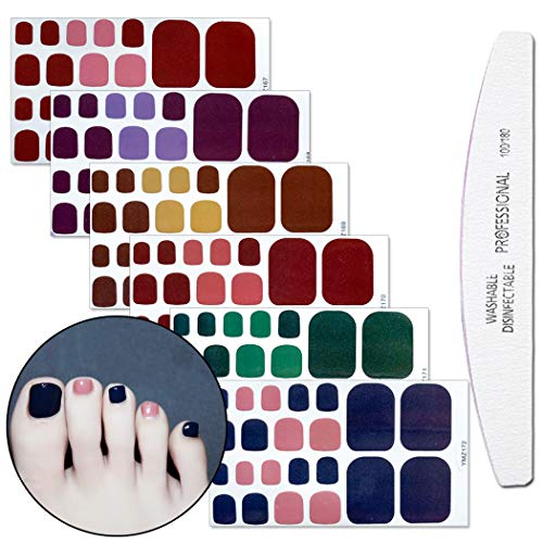 WOKOTO 6 Sheets Solid Color Toenail Art Polish Stickers Strips Set with 1Pc Nail File Adhesive Nail Wraps Decals Manicure Kit for Women