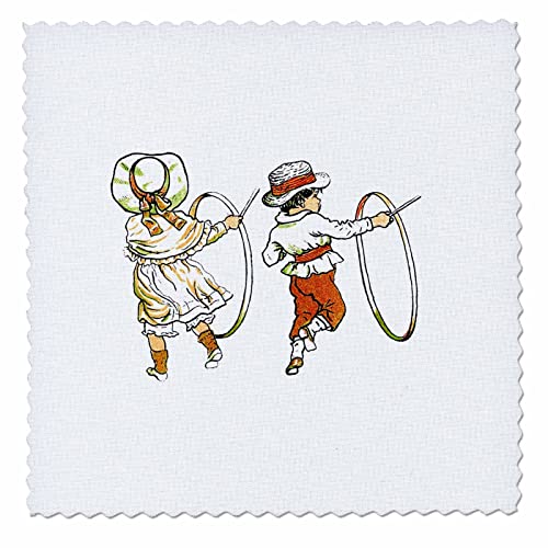 14x14 inch Quilt Square - Pretty Kate Greenaway Illustration of Children Playing Hoop and Stick Kate Greenaway Nursery Designs