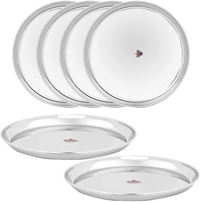 Vinod Stainless Steel Kanchan Bogi Serving/Salad/Snack Plate Dish (Diameter 18 cm, Smokey Grey, Small, Set of 6 Pieces, Model Number: VINODKANB186)
