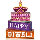 Lineshading 4 Pcs Diwali Wooden Table Decoration Centerpiece Happy Diwali Tiered Tray Decor Warm Wishes Diyas Wooden Design for Traditional Festival Party Deepawali Celebration Supplies