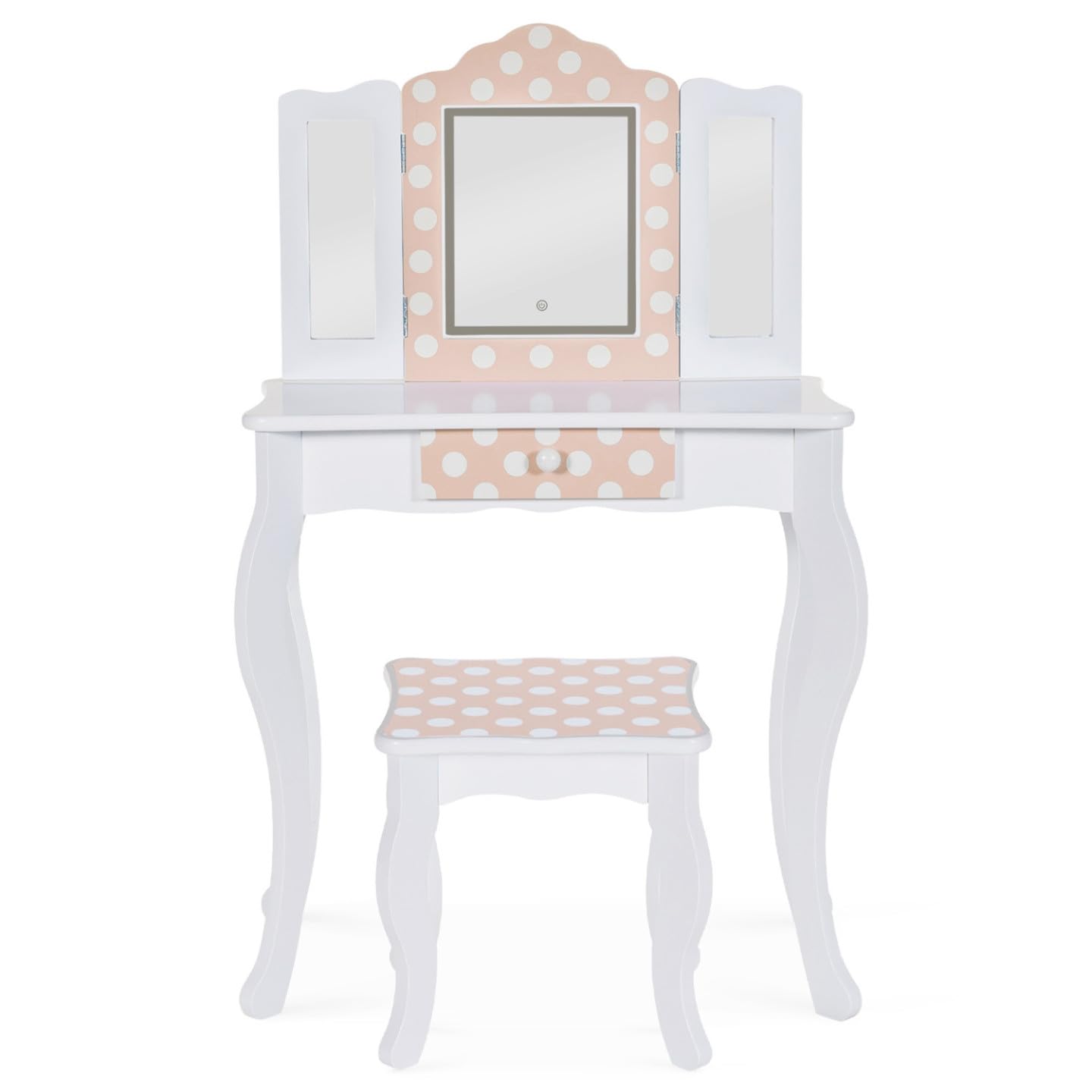 IDMarket - Coiffeuse Enfant Roza LED Blanche et Rose avec 3 miroirs et Tabouret