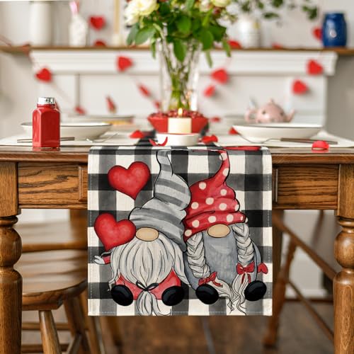 Artoid Mode TABLERUNNER-VALENTINE-33183-039 Watercolor Buffalo Plaid Hearts Gnomes Love Valentine'S Day Table Runner thumb #1