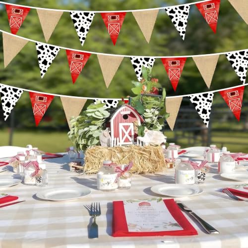 32Ft Farmhouse Party Decorations Red Farmhouse Cow Print Barnyard Themed Fabric Burlap Banner Triangle Pennant Flag Garland Streamers for Farm Animals Birthday Barnyard Tractor Party Decor Supplies by pinkblume - Used condition - Image 4