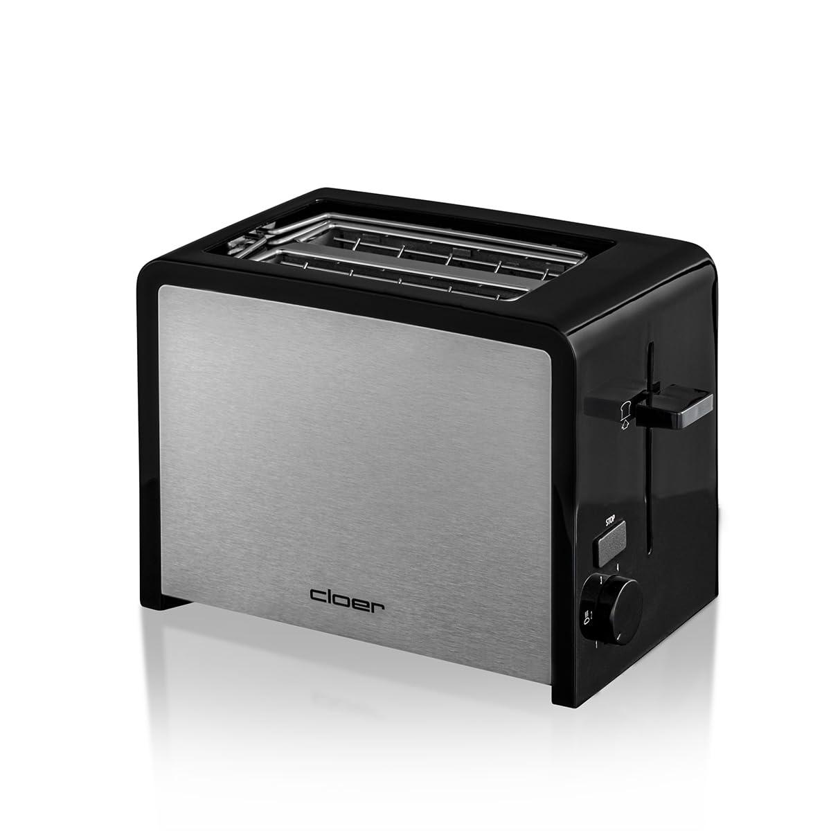 Cloer 3210 Tostadora para 2 tostadas, 825 vatios, calentador de panecillos incluido, dispositivo post-elevado, bandeja para las migas, aislada térmicamente, acero inoxidable esmerilado y negro