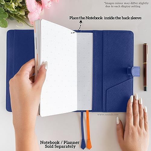 Image of NEORAH - A6 Notebook SLEEVE with SNAP Button - [ SLEEVE ONLY ]|Vegan Leather|Office Diary Holder with Penloop| 2 Front & 1 Back Pocket | 4 Card Slots |2 BookMarks - Fits any A6 Softcover - DARK BLUE