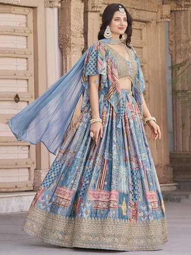 Image of AG Clothing Women's Digital Print With Zari Dori Embroidery Work Chinnon Silk Lehenga Choli With Dupatta (Women-Lehenga-Choli-New; Free size)