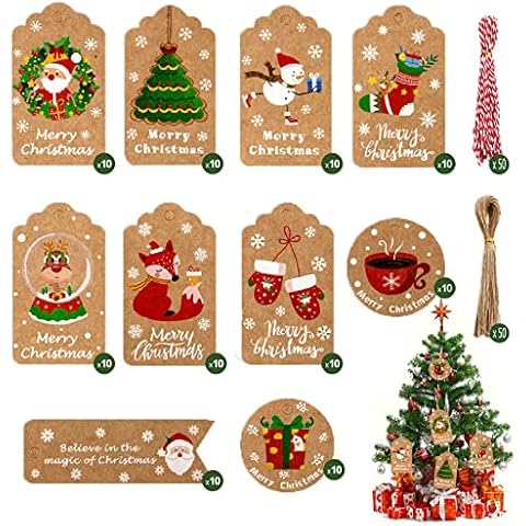 100 Pcs Christmas Gift Tags Xmas Gift Tags Kraft Paper Tags Small Xmas Present Labels Hanging Tags with String Perfect for Decorating Christmas Tree Handmade Work, with Cotton Cord and Jute Cord Cover